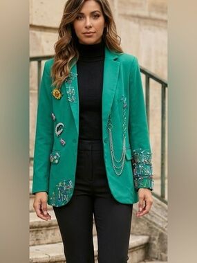 Upcycled Embellished pin and brooch Green Blazer Jacket size XL